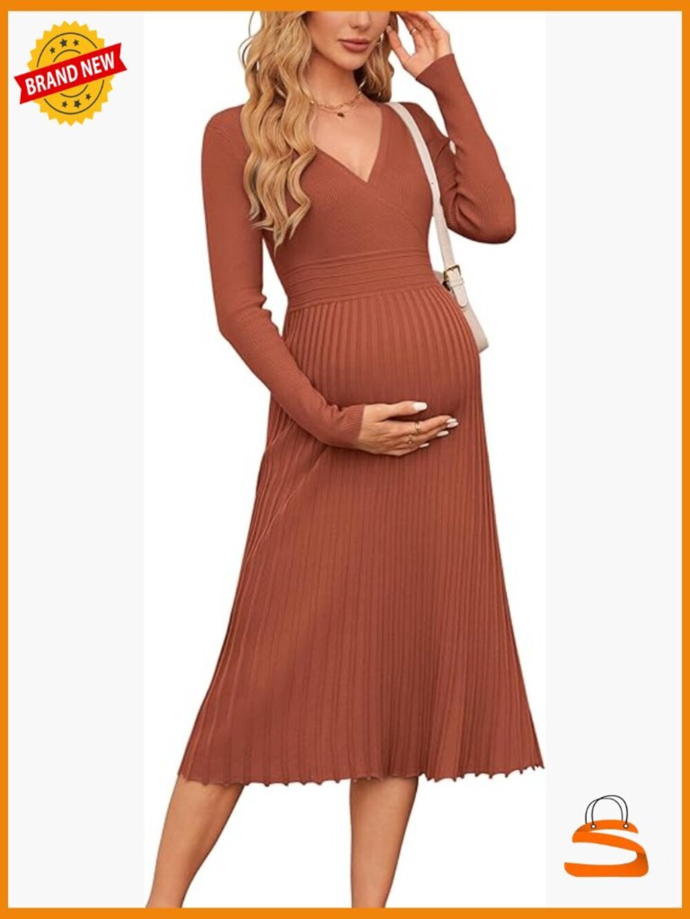 Long Sleeve Wrap V-Neck Pleated Midi Maternity Dress for Photoshoot